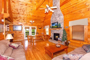 The beautiful living room of a Sevierville TN cabin rental.