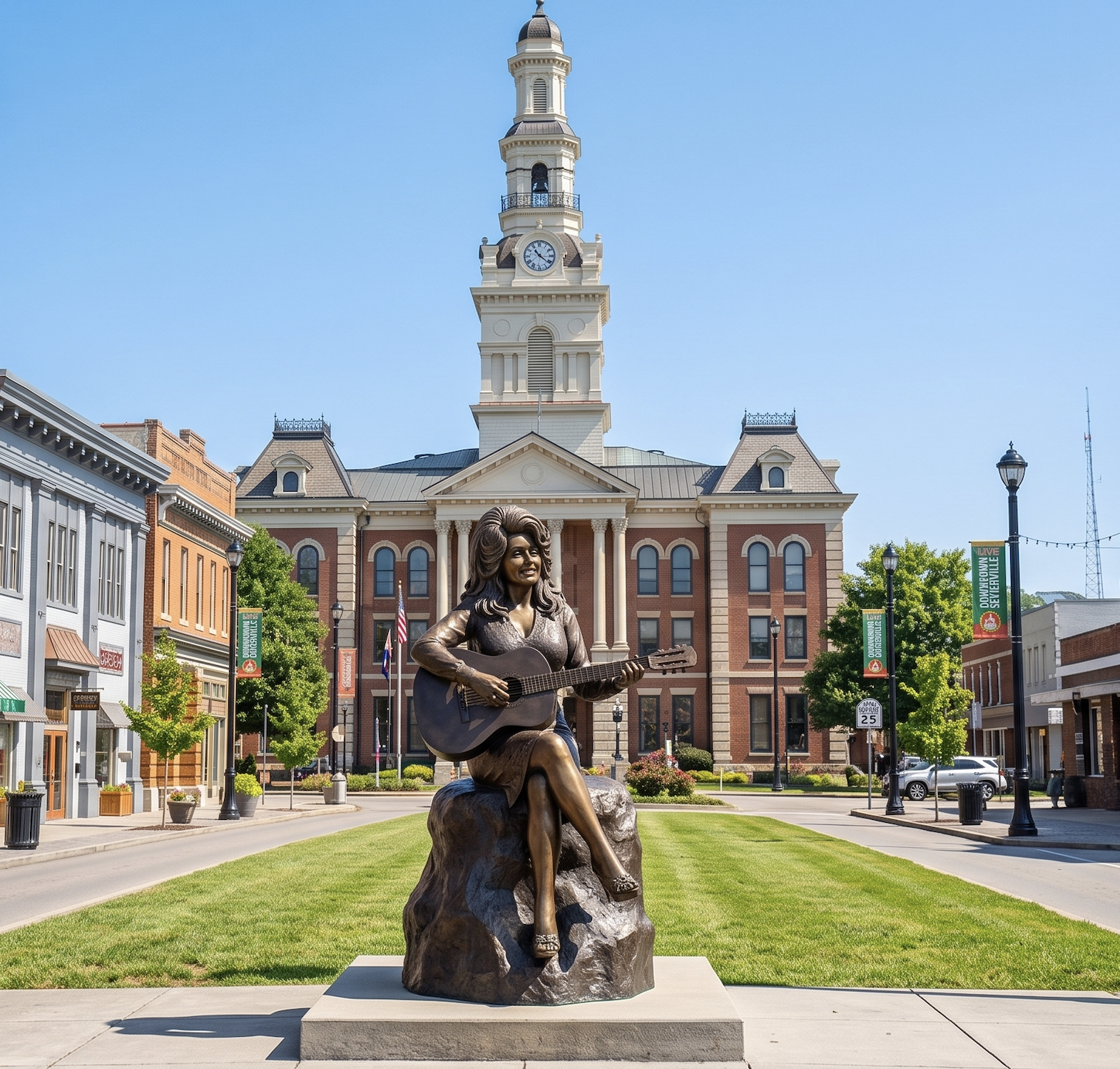 Downtown Sevierville and Dolly Parton Statue